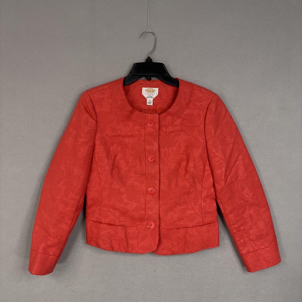 Talbots Blazer Womens 10 Petites Red Floral Collarless Jacket Dressy Feminine